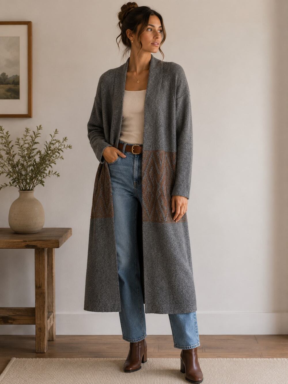 Bobeau Gray Long Duster Cardigan Geometric Knit Open Front Large